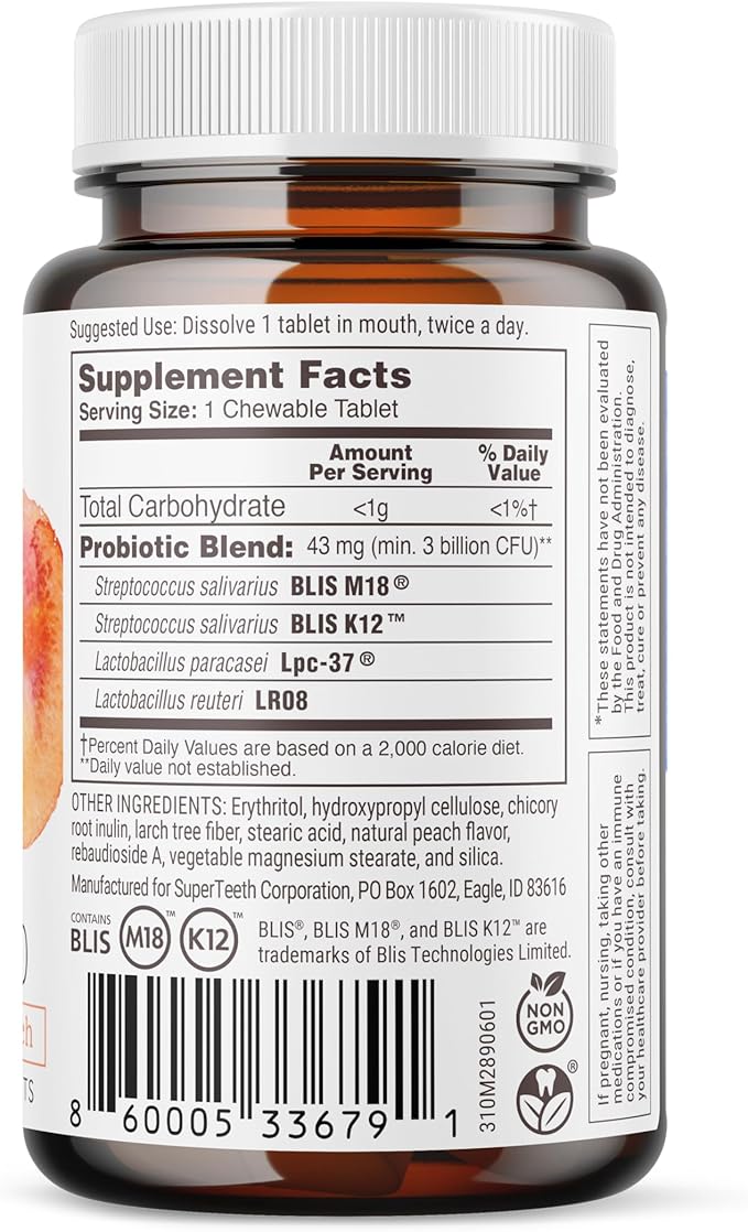 SUPER TEETH Chewable Dental Probiotic + ENT Protection for Kids & Adults | BLIS K12 + M18 Probiotics | Oral Health, Sinus, Throat & Immune Support | 60 Natural Peach Flavored Tablets