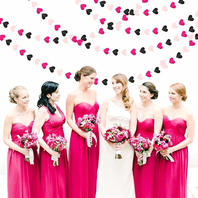Hot-Pink Black Birthday Party-Decorations Streamers - 62FT Baby Girls Hanging Heart Garland Banner,Valentines Wedding Baby Bridal Shower Bachelorette Graduation Backdrop Decor Hugtmr