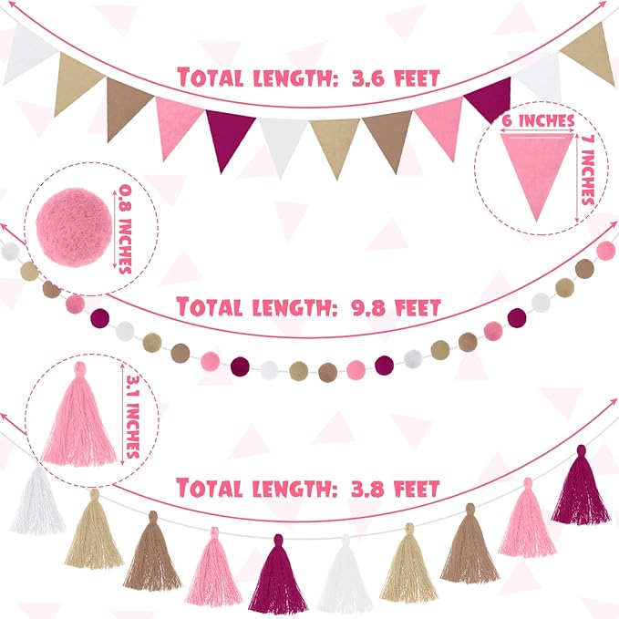 Irenare 9.8ft Pom Pom Garland Felt Rainbow Garland Graduation Party Decoration Colorful Pennant Tassel Banner Birthday Baby Shower Triangle Banner for Classroom School Mantel Fireplace(Pink)