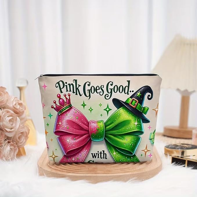 Small Makeup Bag with Zipper for Women with Pink Green Glitter Bow designs Cosmetic Pouch Friends Gifts Cute Toiletry Bags for Birthday Graduate Travel Supplies Accessories