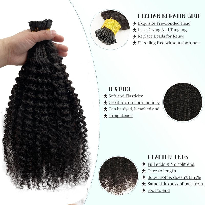 Kinky Curly I Tip Human Hair Extensions 0.5g/s 100 Strands 50g/pack Keratin Cold Fusion I Tip Hair Extensions Hair Piece #1B Natural Black Pre Bonded Itips Hair, 2-3 Packs for Full Head 18in