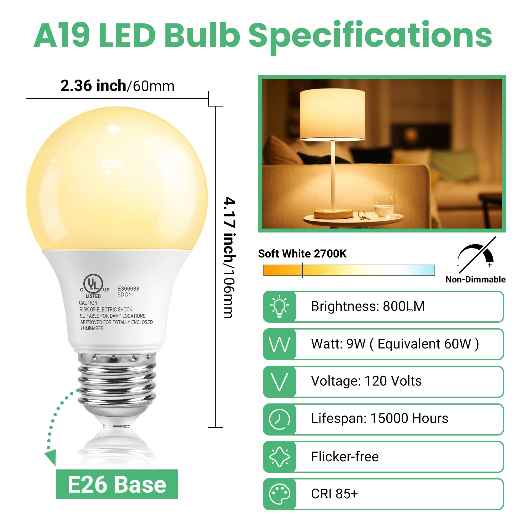 TJOY A19 LED Light Bulbs 60 Watt Equivalent, Warm Soft White 2700K Lightbulbs, E26 Standard Base LED Bulbs, 9W Energy Saving for Home, 800 Lumens, 85+ CRI, 120V, Non-Dimmable, UL, 6 Pack