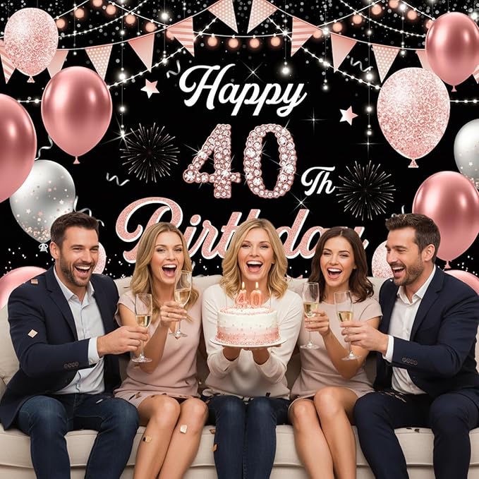 40th Birthday Decorations for Women - Happy 40th Birthday Banner Decorations Cheers to 40 Years Birthday Party Indoor and Outdoor Decoration Suppiles Pink Backdrop for 40th Birthday Party Favors Decor