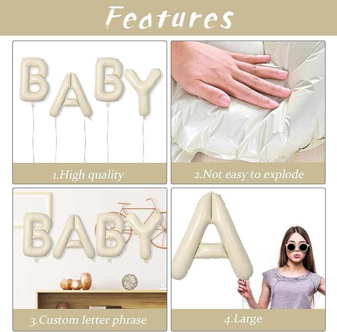 Biapian 40 Inch Baby Letter Balloons, Cream Foil Balloons Big BABY Balloons, 4 Pcs Giant Foil Large Aluminum Balloon Helium for Birthday, Baby Shower, Wedding, Gender Reveal Party Decorations (Cream)