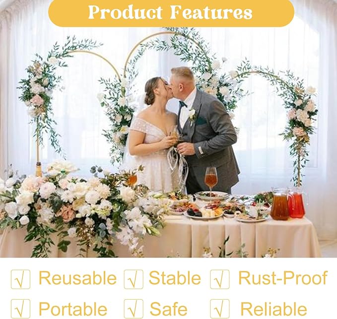 Fivenl Set of 3 Arch Backdrop Stand 7.2FT, 6.6FT, 6FT Gold Wedding Balloon Stand Stable Metal Door Frame for Ceremony Birthday Party Bridal Baby Shower Banquet Decoratio