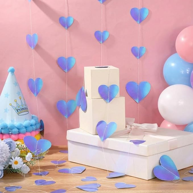 10 Pack 130ft Blue Holographic Heart Party Garland Asymmetrical Love Hanging Banners for Birthday Wedding Decorations Graduation Engagement