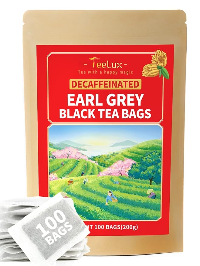 TeeLux Decaf Earl Grey Tea Bags, Decaffeinated Black Tea Blended with Natural Bergamot, Smooth & Full-Bodied, Enjoy Hot or Iced, 100 Count