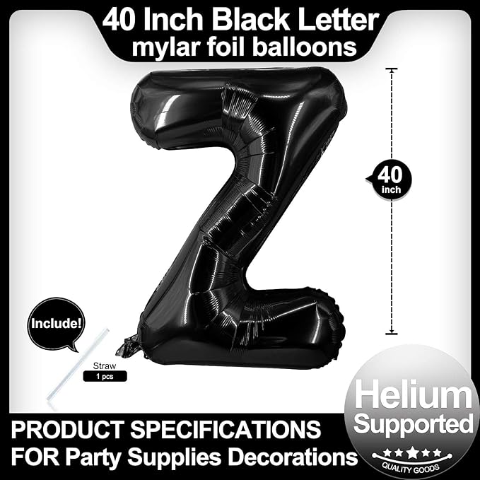 40 Inch Black Letter Z Balloons, DIY Phrase Foil Alphabet Letter Z Balloons DIY Word Z Banner for Birthday Anniversary Celebration Graduation Party Supplies Decoration