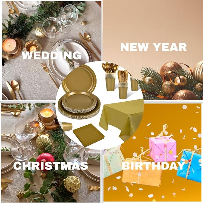 Ottin 169PCS Gold Christmas Party Supplies for 24 Guests – Disposable Paper Plates, Napkins, Cups, Forks, Knives, Spoons & Tablecloth for Birthday, Wedding, Thanksgiving, Christmas, New Year