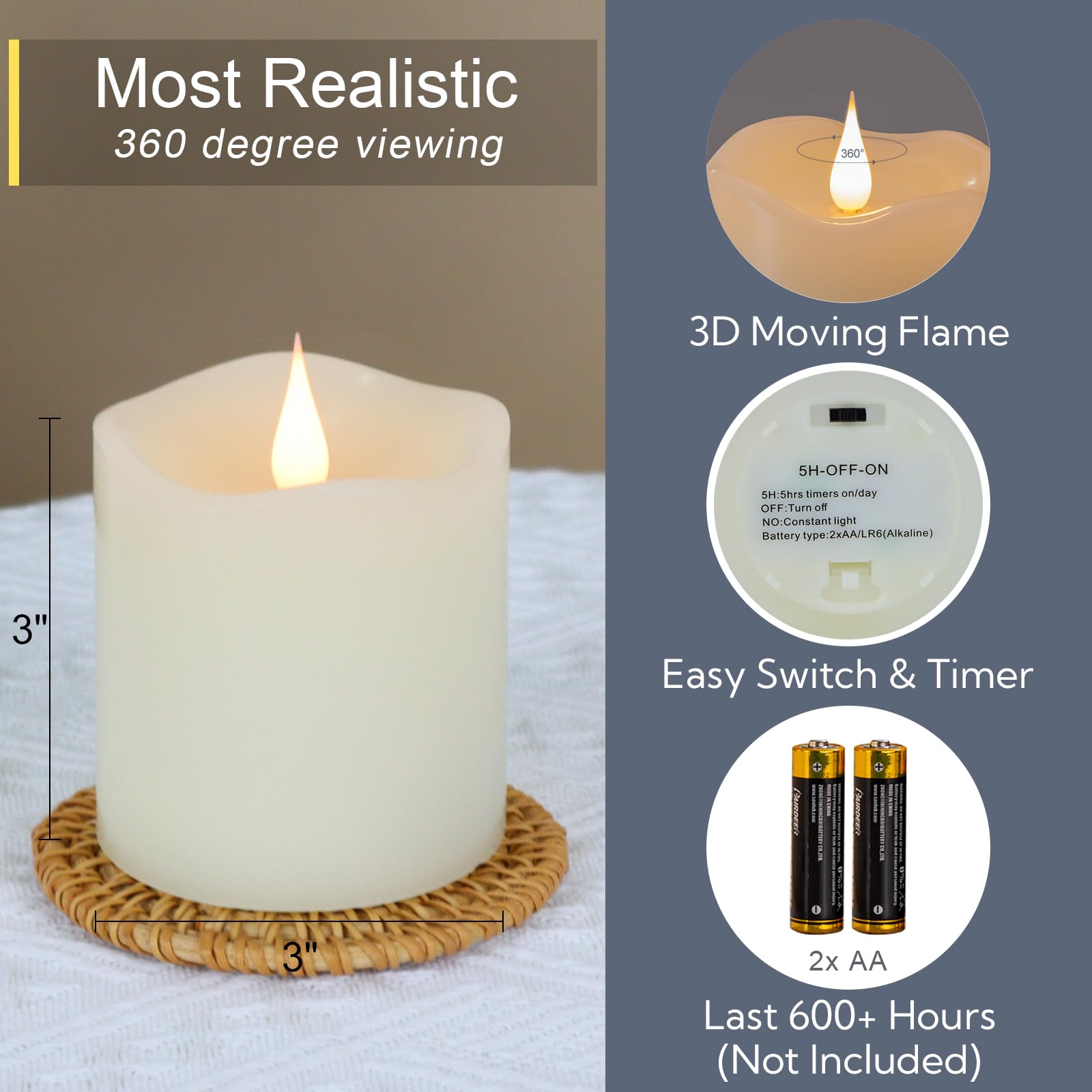 TECHLONG Flameless Candles Battery Operated with Remote Timer, 3D Moving Flame Flickering, Last 600+ Hours Battery Candles, 3" x 3" Ivory Real Wax Electric LED Candle for Wedding Party, Set of 2
