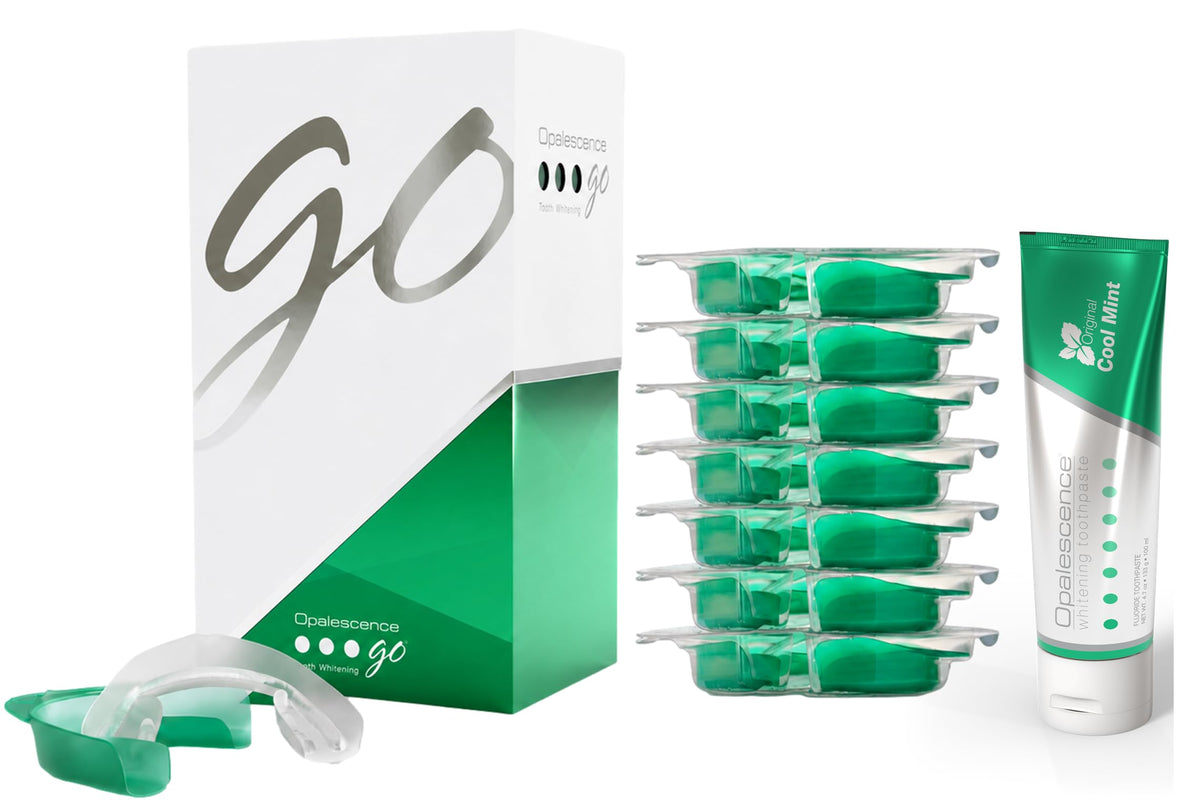 Opalescence GO 15 Whitening Bundle - (7 Treatments) Hydrogen Peroxide Prefilled Teeth Whitening Trays and Travel Original Whitening Toothpaste 1 Oz - Mint Flavor - 6238-1