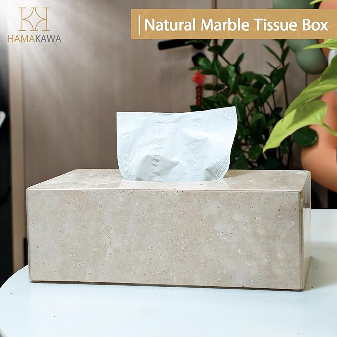 Natural Marble Tissue Box Cover, Beige Tissue Organizer L 10 x W 5.5 x H 3.5 Inch, Heavy Stone Decorative Box, Square Tissue Box Holder for Home Decor, Kitchen, Bathroom