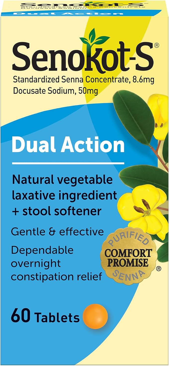 Senokot-S Dual Action Natural Vegetable Laxative Ingredient Plus Stool Softener Tablets, Docusate Sodium, Senna Concentrate, Gentle, Overnight Relief From Occasional Constipation, 60 ct