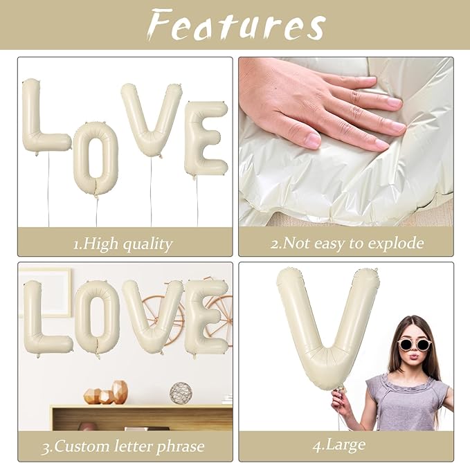 Biapian 40 Inch Love Letter Balloons, Cream Foil Balloons Big LOVE Balloons, 4 Pcs Giant Foil Aluminum Balloon Helium for Birthday, Baby Shower, Wedding, Valentines Day Marriage Party Decorations