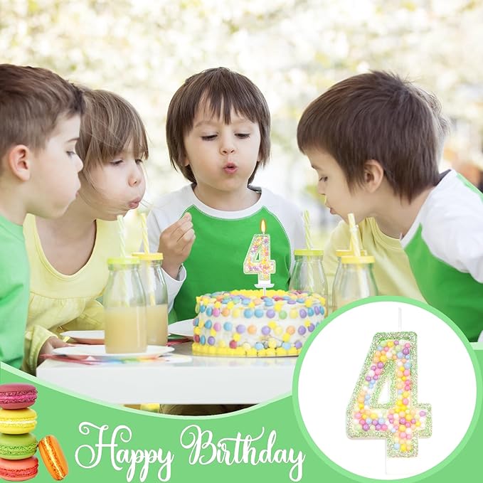 Birthday Candles - Number 4 Candle, Colorful Macaron Candles for Boys/Girls, Green Cake Decorations, Fairy Tale Themed Party Supplies