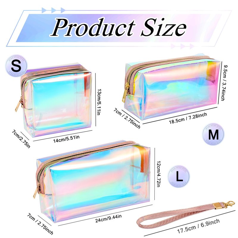 Dunzy 8 Pcs Holographic Iridescent Clear Makeup Bags with Zipper Travel Cosmetic Pouches with Wrist Loop Waterproof Toiletry Organizer Case Home Office Beach Pouch Purse Diaper Vacation Gift Bag(M)