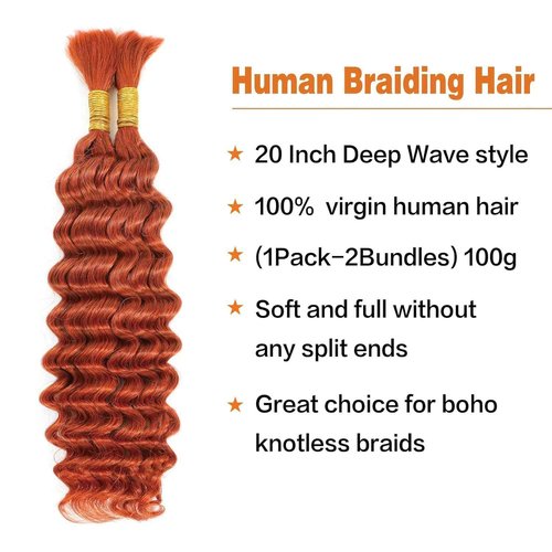 Luxvogue Curly Braiding Human Hair 100g 22 Inch Ginger Orange 350 Deep Water Wave Bulk Human Hair for Braiding No Weft Brazilian Virgin Deep Curly Human Hair Extensions for Boho Braids