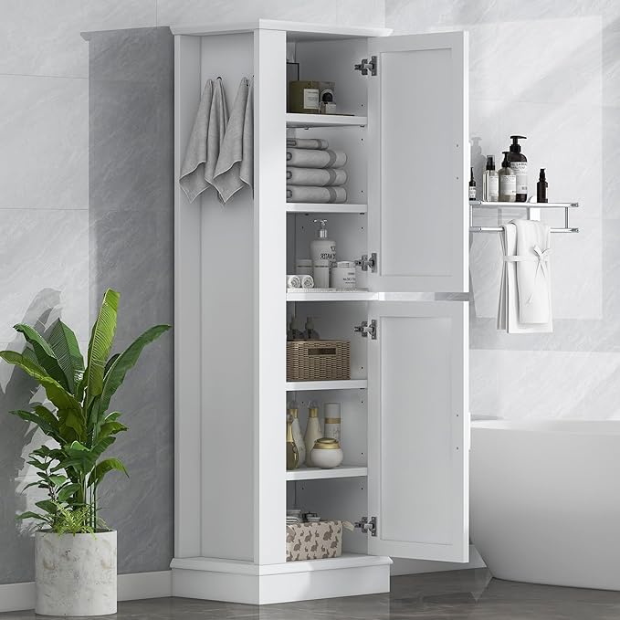 Tall Storage Cabinet, Bathroom Floor Freestanding Storage Cabinet with Hook and Adjustable Shelf for Bathroom, Office, Living Room, White