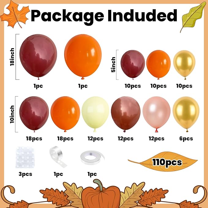 FunHot Thanksgiving Balloon Arch Kit, Fall Balloon Garland Kit with Orange Burgundy Yellow Pearl Rose Gold Metallic Gold Balloons for Baby Shower Wedding Anniversary Fall Thanksgiving Party Decoration