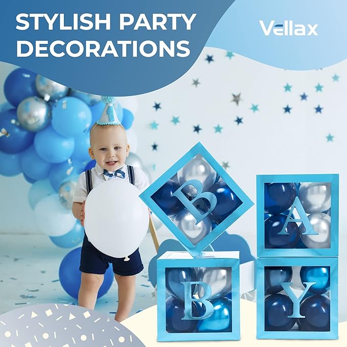Baby Shower Boxes with Letters – Metallic Blue Boxes with Metallic Blue and Silver Balloons – 44-Piece Gender Reveal & Party Decoration Set by Vellax