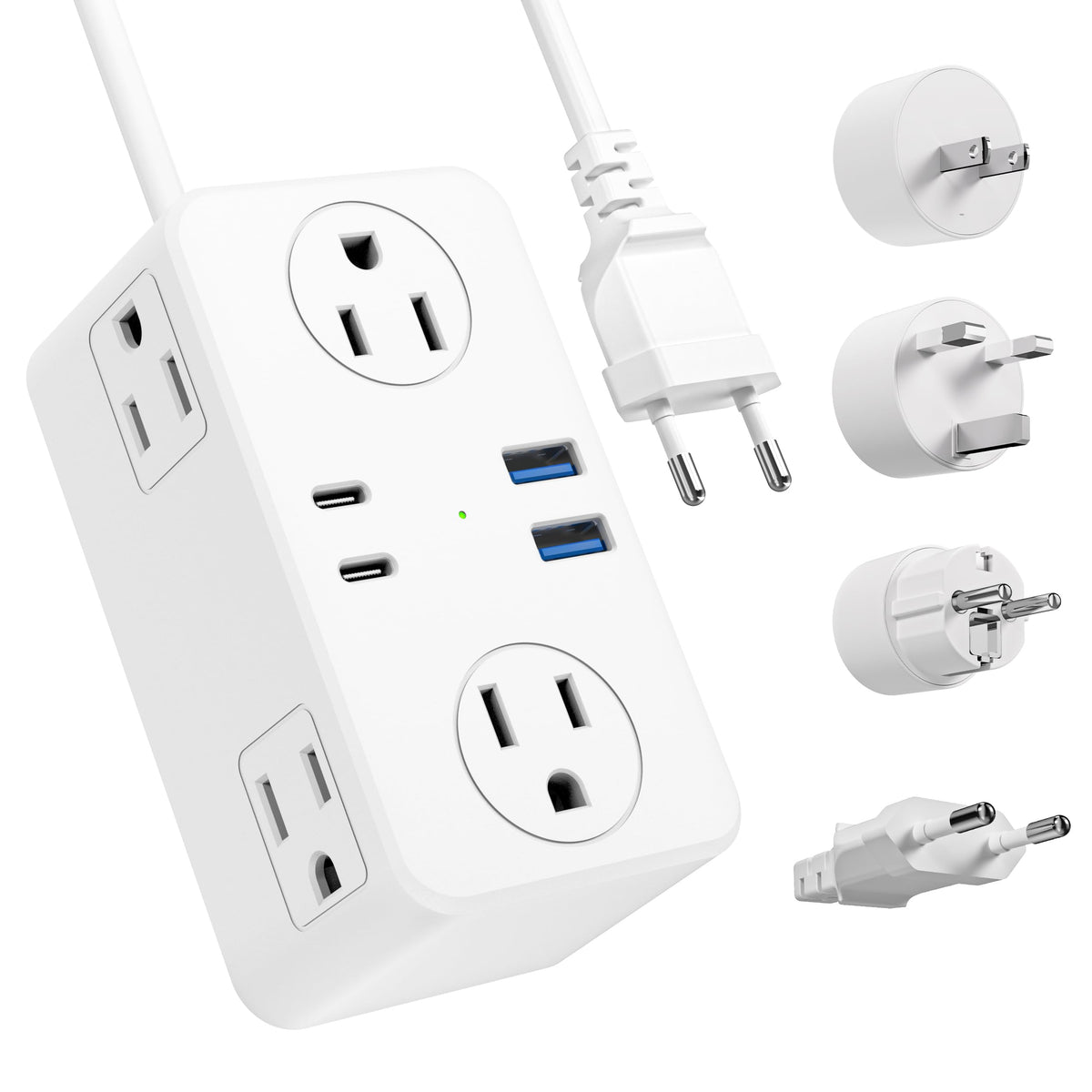 Kakyanill European Travel Plug Adapter, EU/UK/US Travel Plug Adapter Power Strip, 6 AC Outlets, 4 USB Ports (2 USB C), 3ft Wrapped Around Extension Cord, Universal Travel Adapter