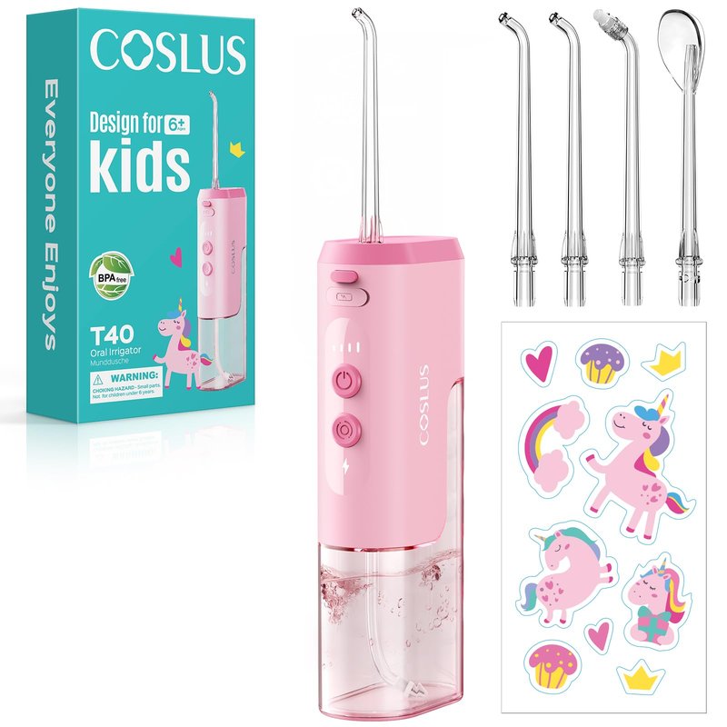 COSLUS T40 Portable Water Flosser for Kids: 4 Gentle Modes for Ages 6+, Braces & Sensitive Teeth - with Fun DIY Stickers, 4 Storable Nozzles, Mini Compact for Home School & Travel, BPA-Free, Pink