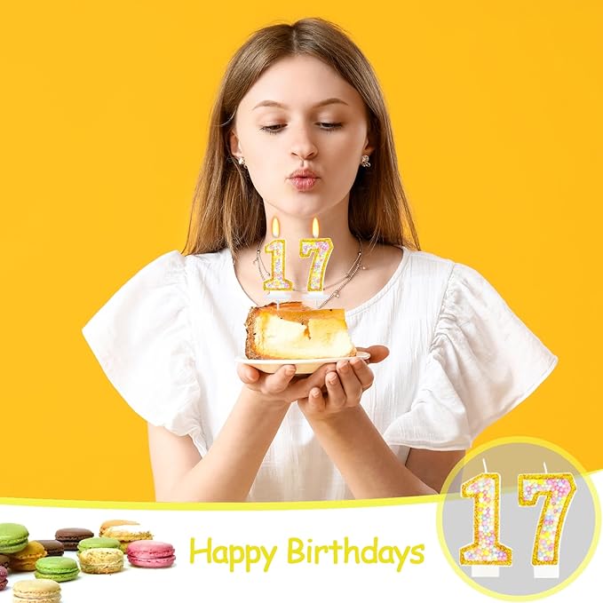 17th Birthday Candle for Cake, Colorful Macaron Numeral Candles for Boys/Girls, Birthday Party Cake Decorations, Golden Cake Topper for Birthday Party Supplies (Number 17)
