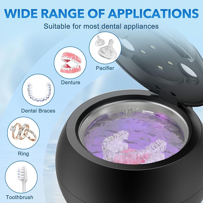 Dental Ultrasonic Retainer Cleaner - 48kHz Dental Cleaning Pod for Denture, Braces, Mouth Guard, Toothbrush Heads, Jewelry, 4 Modes Retainer Cleaner Machine with Digital Timer & 200ML,Black