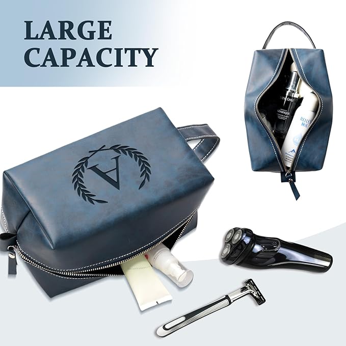 Personalized Gifts Travel Toiletry Bag for Men Engraved Initial PU Leather Waterproof Shaving Bag for Toiletries Accessories Fathers Day Birthday Gift for Men Dad Husband Son, Dark Blue C