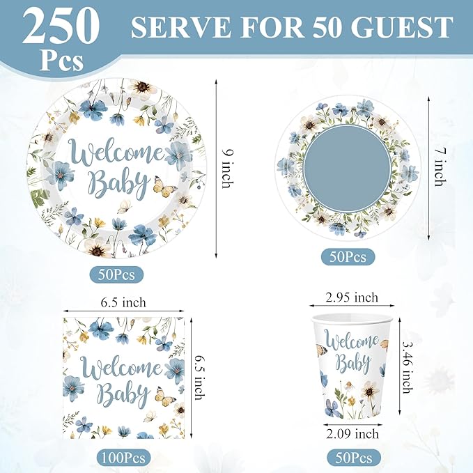 Pickmesh 250 Pcs Blue Floral Baby Shower Party Supplies Decorations Serve 50 Wildflower Welcome Baby Disposable Paper Plates Napkins and Cups for Birthday Babies Boy Shower Gender Reveal Party Decor