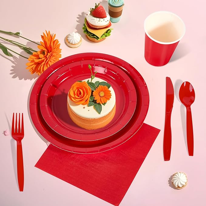 Ottin 169PCS Red Christmas Party Supplies for 24 Guests – Disposable Paper Plates, Napkins, Cups, Forks, Knives, Spoons & Tablecloth for Birthday, Wedding, Thanksgiving, Christmas, and New Year