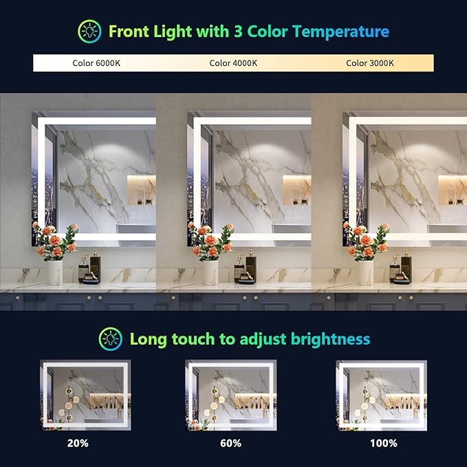 32x36 Inch RGB LED Bathroom Mirror Front Light and RGB Backlit Lighted Vanity Mirror for Bathroom Wall Mounted Dimmable Anti Fog Memory Shatter-Proof IP54 Waterproof Horizontal/Vertical
