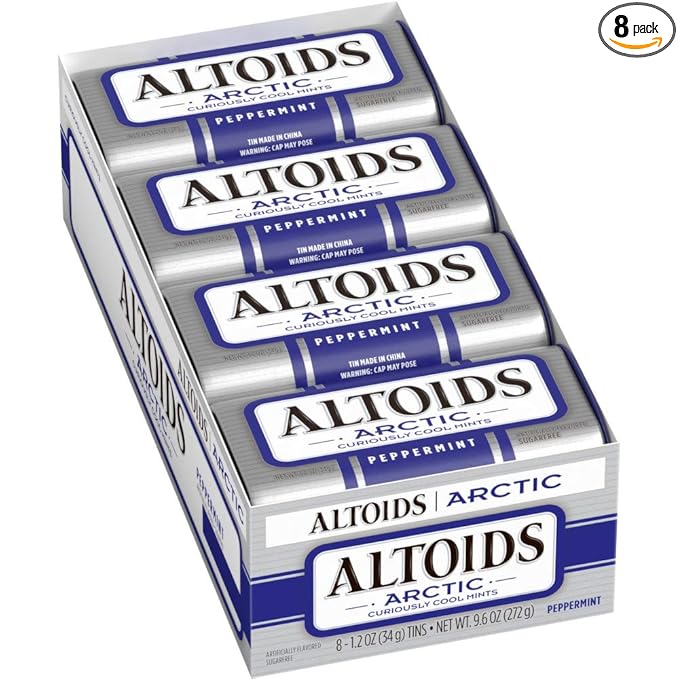 ALTOIDS Arctic Peppermint Breath Mints - Altoids Hard Candy Bulk, Sugar Free Mints 1.2 oz Tin, Pack of 8