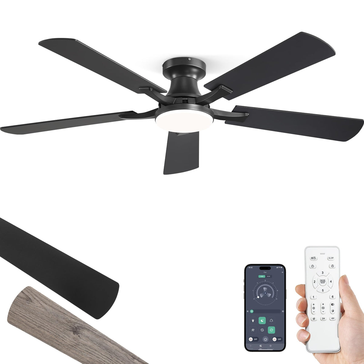 ZMISHIBO 52 Inch Ceiling Fan with Light, App&Remote Control, Flush Mount Low Profile, Dimmable 20W LED Light, Quiet Reversible Motor for Bedroom, Living Room, Apartment, Black