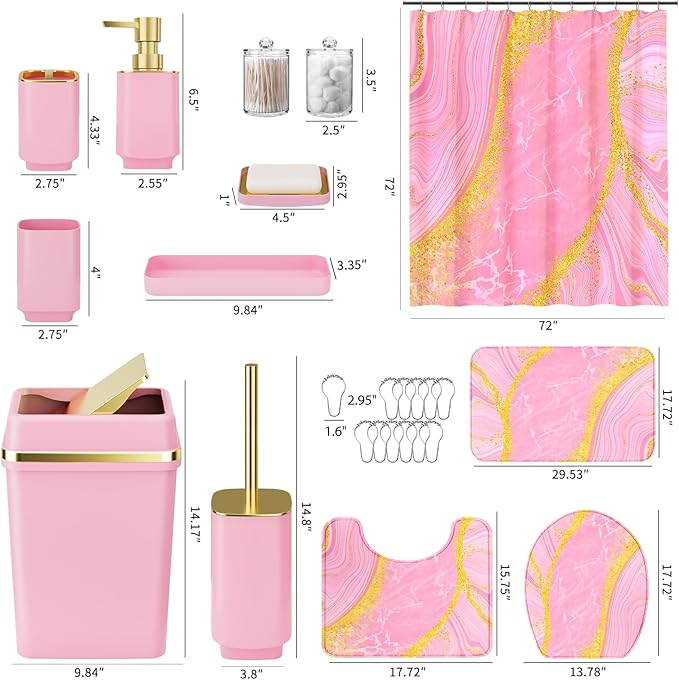 25PCS Bathroom Accessory Set, Pink Bathroom Set with Large-Capacity 4 Gallon Trash Can,Bathroom Rugs Set, Waterproof Shower Curtain, Toilet Brush, Toothbrush Holder & Soap Dispenser