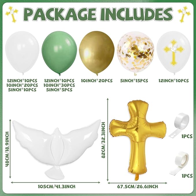 132Pcs First Holy Communion Green Balloon Garland Arch Kit God Bless Baptism Decoration Christian Religious Decor Cross Dove Balloon Girl Mi Bautizo Christening Birthday Baby Shower Party Supplie