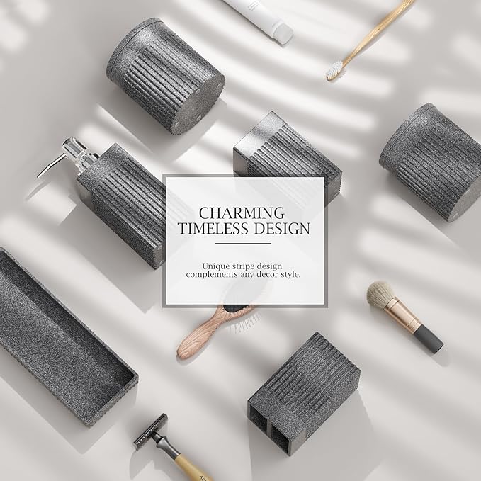 6-Piece Bathroom Set Grey - Stone Textured Resin Bathroom Organizer with Soap Dispenser, Toothbrush Holder, Vanity Tray, Tumbler & Cotton Swab Jars for Small Spaces