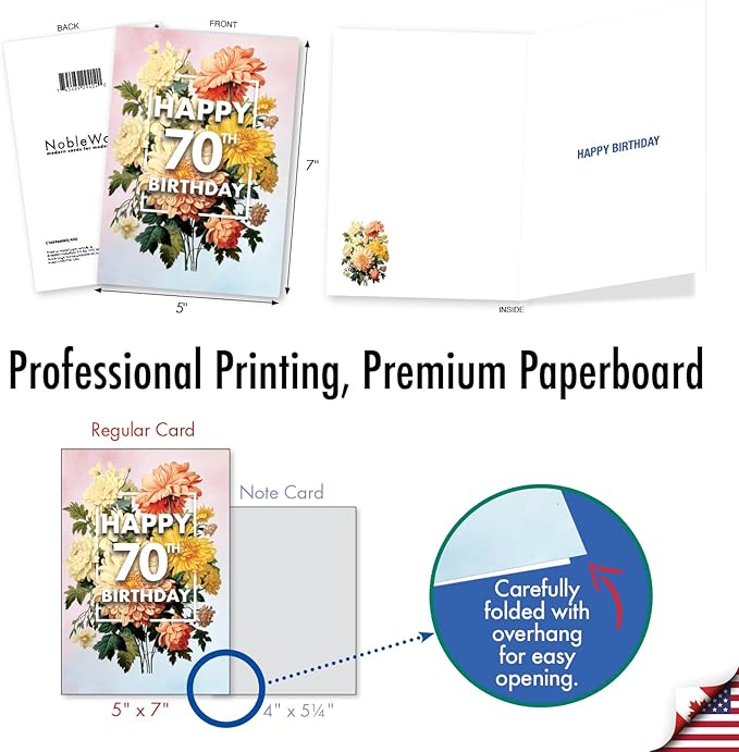NobleWorks 70th Birthday Milestone Paper Card with 5 x 7 Inch Envelope (1 Card) Flowers For Milestones - 70 C10588MBG