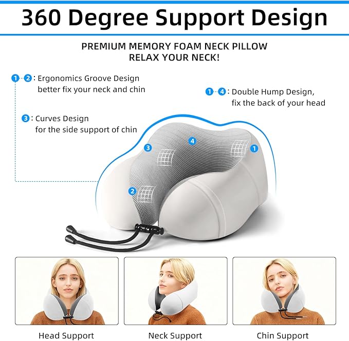 Neck Pillow for Traveling,Premium Memory Foam Travel Neck Pillow for Airplane,Soft Smooth & Breathable Cover,Adjustable Headrest Sleep Flight Pillow for Plane,Car,Office and Home,Light Grey