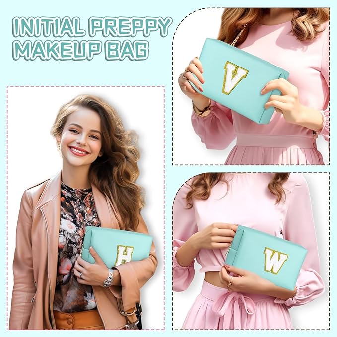 TOPEAST Personalized Makeup Bag, Chenille Letter Pouch Cosmetic Bag w Zipper, PU Leather Waterproof Toiletry Bag, Bridal Shower Gifts for Bridesmaids, Cute Stuff for Girls (Blue P)