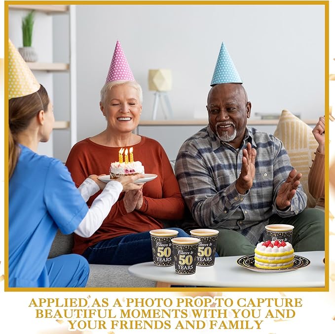 Pickmesh 250 Pcs 50th Birthday Party Supplies Decorations Serve 50 Black Gold Cheers to 50 Years Disposable Paper Plates Napkins and Cups for Women Men 50th Birthday Wedding Anniversary Party Supplies