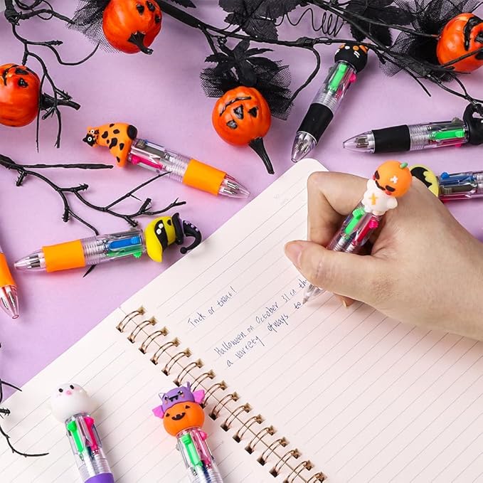 24PCS Halloween Fun Pens Multicolor Ballpoint Pens 4 Colors in 1 Halloween Retractable 0.7mm Multicolor Writing Stationery for Party Favors Supplies Rewards Holiday Gifts