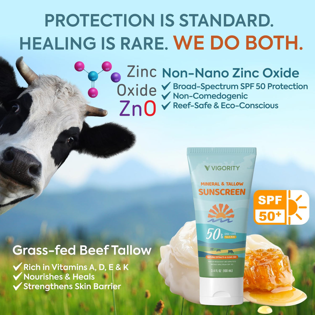 Beef Tallow Sunscreen with Clear Zinc: Non-Toxic SPF 30 Sunscreen for Face & Body, Natural Sunblock with Nourishing Tallow & Botanical Extracts (SPF50 & Tallow)
