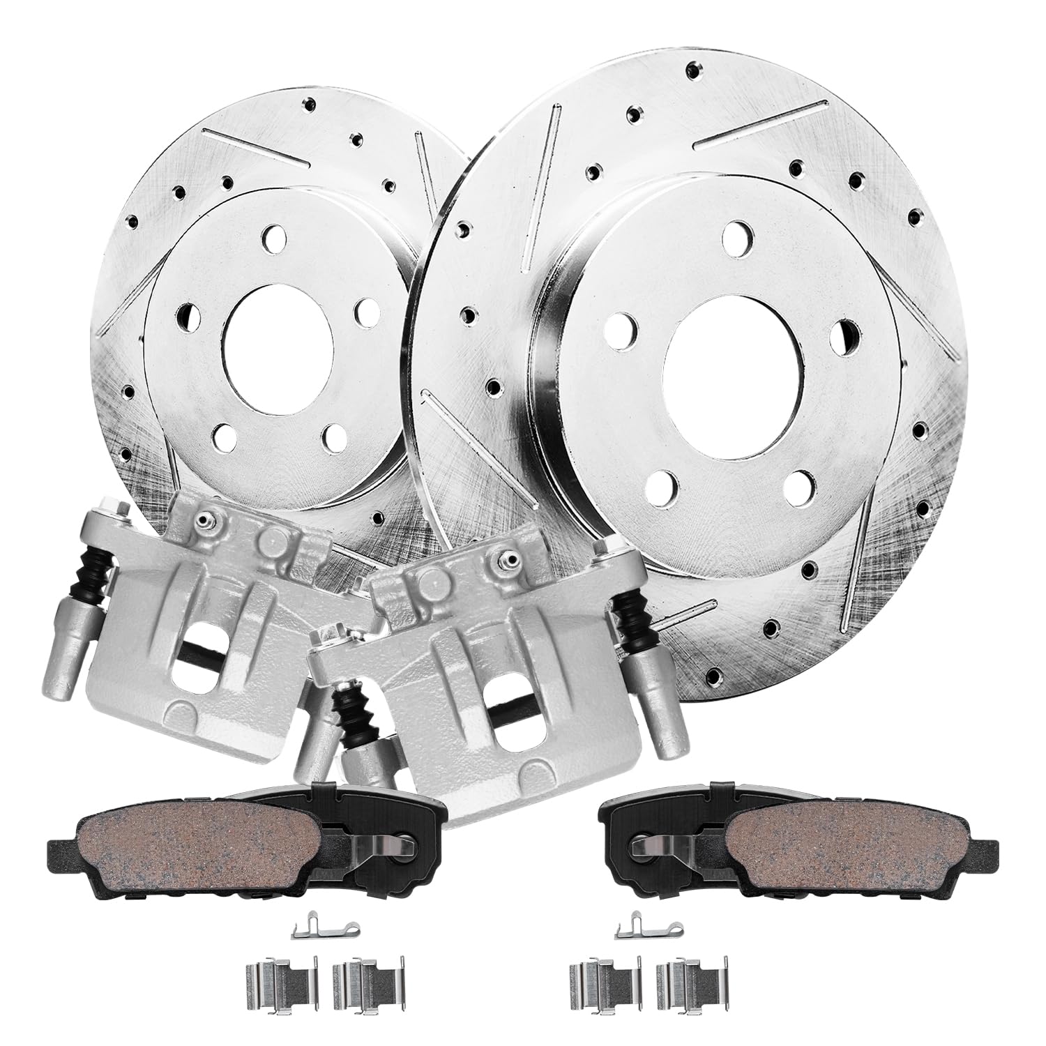 Detroit Axle - Rear Drilled & Slotted Brake Rotors Brake Pads Calipers w/Bracket Kit Replacement for 2008-2016 Mitsubishi Lancer