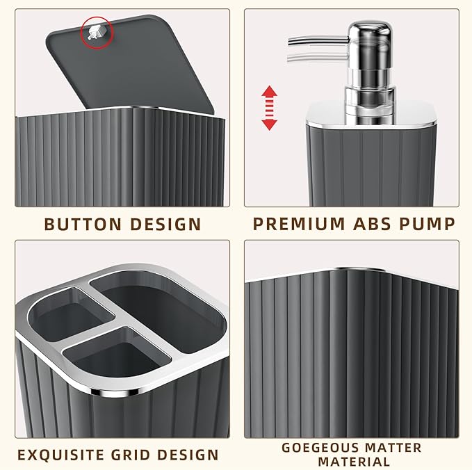26PC Bathroom Accessories Set - Gorgeous Grey Bathroom Set, Bathroom Accessory Set, Shower Curtain Set with Bathtub Mats for Shower Tub, Trash Can & Soap Dispenser