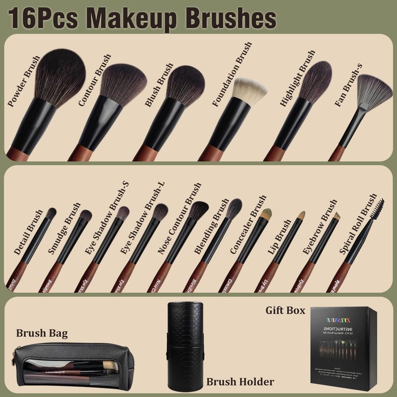 Makeup Brushes 16 Pcs Makeup Brush Set Professional, Wood Handle Travel Make Up Brushes Set with Case, Premium Cruelty-Free Synthetic Fiber Hair Makeup Brush Kit with Holder