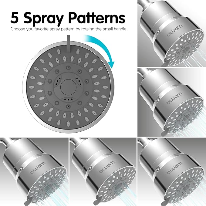 Filtered Shower Head, 2-in-1 Shower Head Filter-5 Modes High Pressure Output with 15 Stage Hard Water Shower Filter Cartridge for Remove Chlorine Heavy Metals and Other Sediments