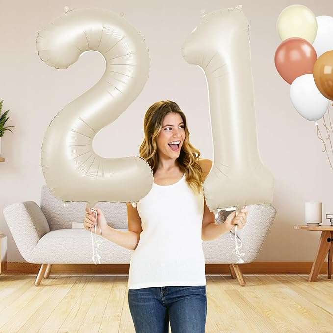 Biapian 40 Inch Cream Number 21 Balloon, 21st Birthday Balloons, Big Digital 21 or 12 Beige White Giant 21 Foil Balloon Helium for 12th 21st Birthday Decorations Anniversary Baby Shower Party Supplies