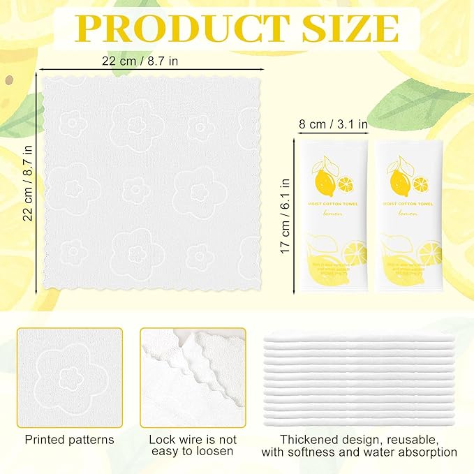 Moist Cotton Towel Bulk Moist Towelettes Individually Wrapped,White Towel Services,Refreshment Pre Moistened Towels for Dentist Travel Sport Party Hotel 50,Lemon