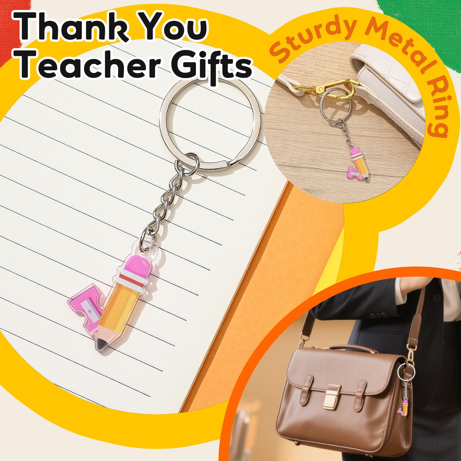 Sunnymove 36 Pcs Christmas Teacher Appreciation Gifts Bulk - Makeup Bags with Pen Keychain Pencil Theme Teacher Thank You Gifts for Women Cosmetic Bag Pouch for Mentor Lecturer